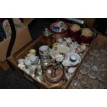 A mixed box of ceramics including coronation ware, candle sticks, cheese dish and more.AF