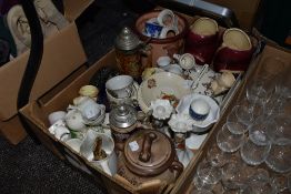 A mixed box of ceramics including coronation ware, candle sticks, cheese dish and more.AF