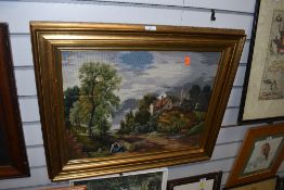 A framed tapestry depicting manor and country scene.