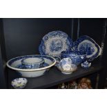 A nice selection of blue and white wear ceramics including Wedgwood hard paste tea cups and