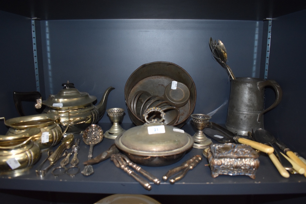 A selection of plated and similar kitchen and table wares including tea set and cutlery