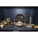 A selection of plated and similar kitchen and table wares including tea set and cutlery