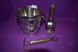 A vintage walker and Hall plated ice bucket, also included as a bottle opener/multi tool.