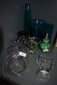 A selection of art glass including teal blue vase set and Adrian Sankey squat vase