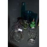 A selection of art glass including teal blue vase set and Adrian Sankey squat vase