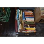 A mixed box of books including vintage childrens books,novels and books on needlework.