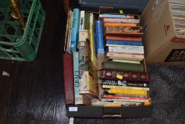 A mixed box of books including vintage childrens books,novels and books on needlework.