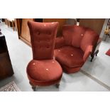 Two deep red dralon chairs, including nice Art Deco style low seat armchair and button back