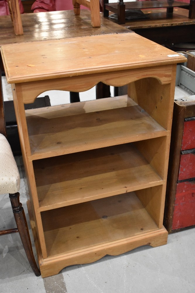 A low pine shelf unit 50cm wide 37cm deep 81cm tall some wear to top