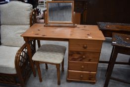 A modern pine dressing table, width approx. 100cm with free standing mirror and stool,