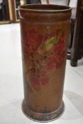 An antique stick or umbrella stand with budgie style painted front