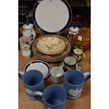 An assortment of vintage ceramics including Wedgwood tankards, Ducal blush bowl, onion dish and