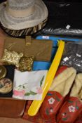 A mixed lot of vintage items including compacts, glove and handkerchief case,shawl, buttons.