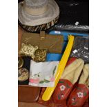 A mixed lot of vintage items including compacts, glove and handkerchief case,shawl, buttons.