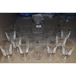 A collection of glass including Stuart and Webb Corbett items such as decanters,jug and tumblers are