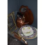 A miscellany of items including copper kettle,plates, two frames, harmonicas and similar.