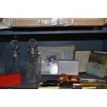 Two Waterford crystal decanters and similar Webb Corbett, also a selection of vintage place mats and