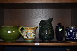 A variety of vintage items including cloisonné vase with dark blue ground, biscuit barrel with white