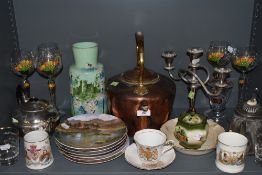 A collection of vintage items including copper kettle, candlestick holder, glasses, coronation