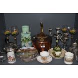 A collection of vintage items including copper kettle, candlestick holder, glasses, coronation