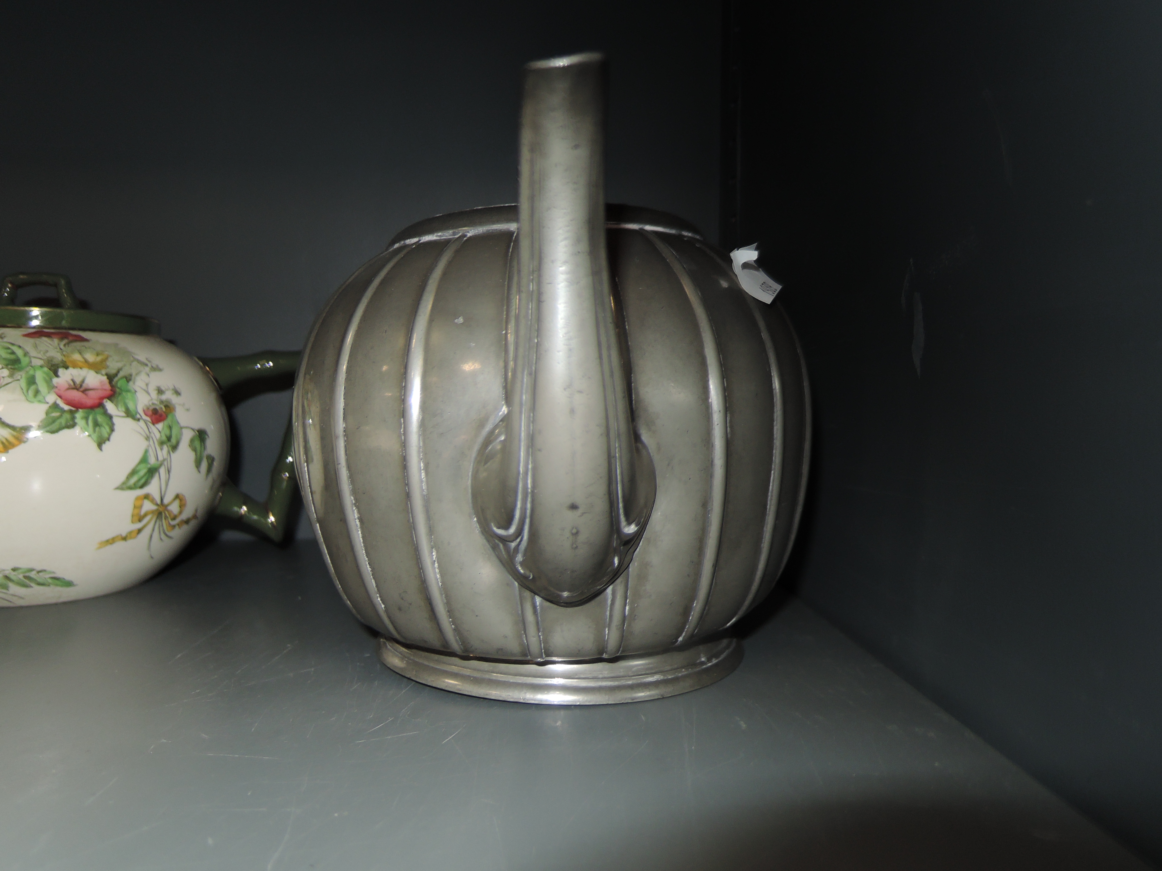 Two teapots, one pewter having intricate design the other having Doulton Burslem cream ground with - Image 4 of 4