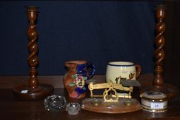 A selection of item including barley twist candle sticks, vintage apothecary scales and more.