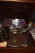 A wooden cased HMV wind up gramophone with historical conversion to play vinyl LP records.