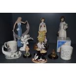 A selection of decorative figurines and studies including Leonardo, Lladro Ducks and Ducklings,
