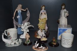 A selection of decorative figurines and studies including Leonardo, Lladro Ducks and Ducklings,