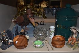 A mixed lot of items including wooden bowls,ceramic bread bin, Maling ware ashtray and more.