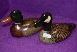 Two painted cedar decoy ducks by Thomas Chandler one Mallard Drake,the other a Canada Goose, both