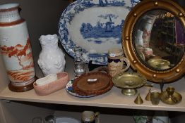 A mixed lot of items including mid century convex mirror, tankard, blue and white platter and more.