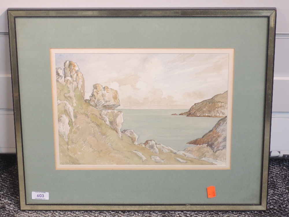 A watercolour, JSC, coastal landscape, indistinctly signed, 24 x 34cm, framed and glazed