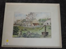 A watercolour, farmstead, 27 x 37cm, framed and glazed