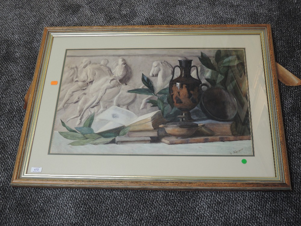 A watercolour, S Hampson, still life, indistinctly signed, 42 x 66cm, framed and glazed