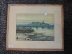 A watercolour E S Bayley, Lancaster, river and townscape, signed and dated 1890, 26 x 36cm, framed