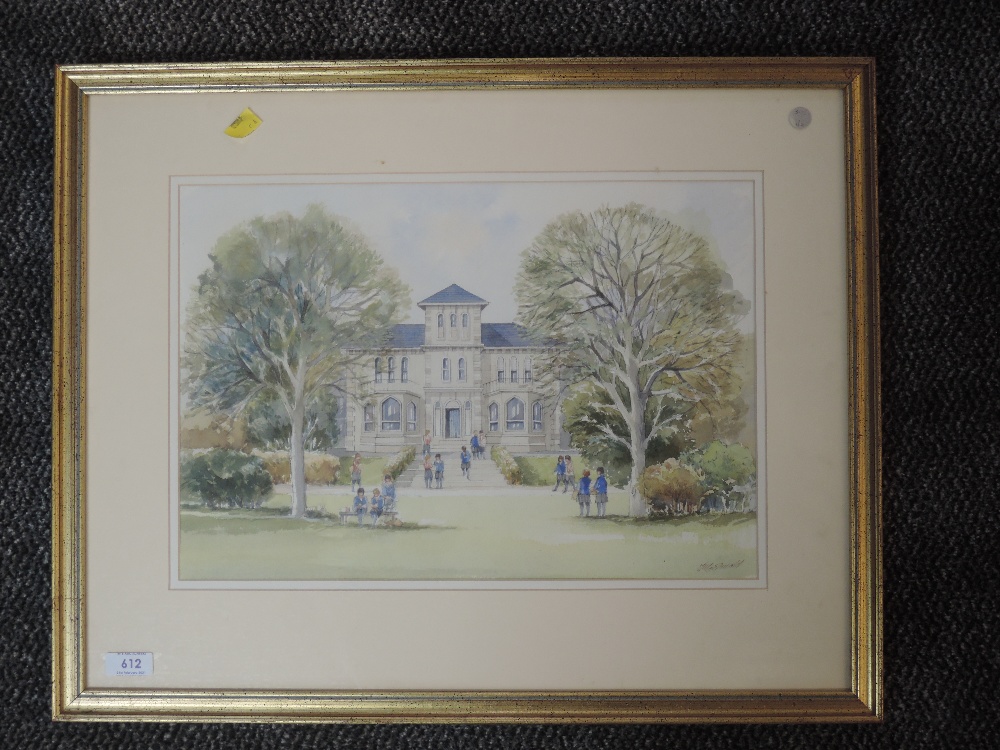 A watercolour, McDonald, school and grounds, signed, 30 x 47cm, framed and glazed