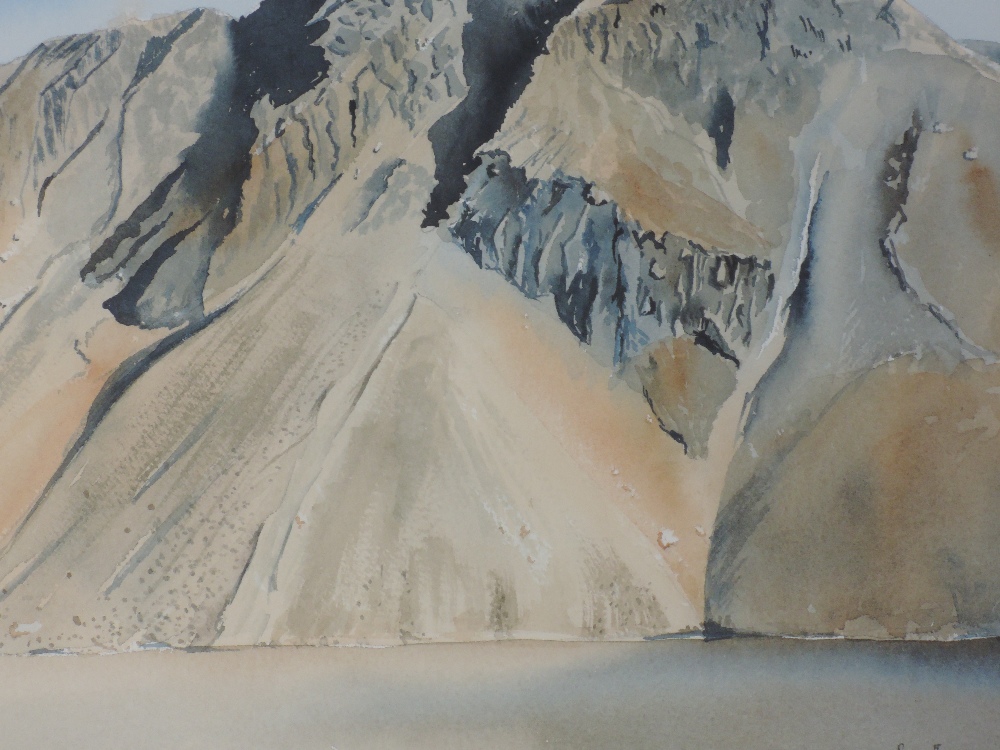 A watercolour, Roger Evans, Wastwater Screes, signed and attributed verso, 26 x 36cm, framed and - Image 2 of 3