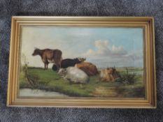 An oil painting, attributed to William Flemming, cattle in water meadow, 19th century, attributed