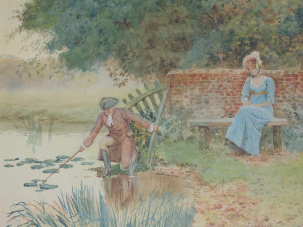 A watercolour, Alfred E Wragge, period pond lover tableau, signed and dated (18)99, 37 x 72cm, - Image 2 of 2