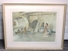 A print after William Russell Flint, Spanish ladies in cloister, signed, 42 x 54cm, framed and