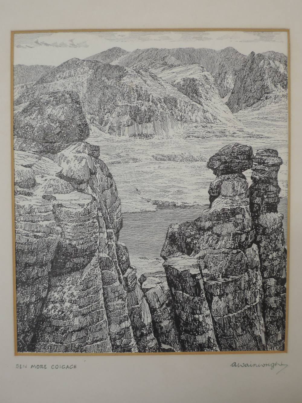 A pen and ink sketch, Alfred Wainwright, Ben More Coigach, signed, 18 x 15cm - Image 2 of 2