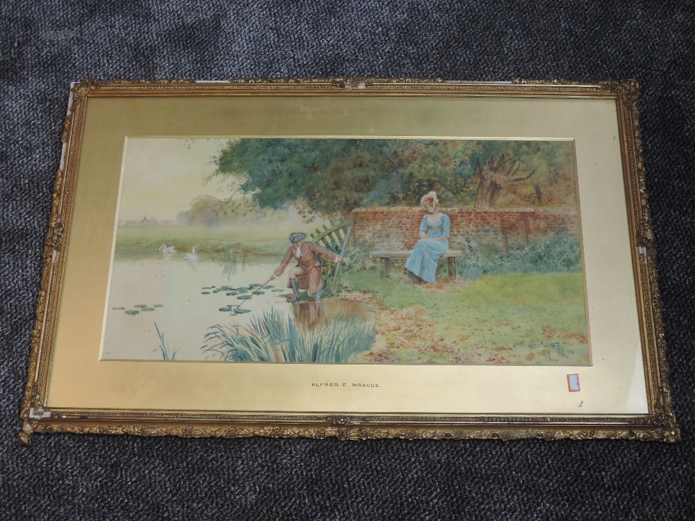 A watercolour, Alfred E Wragge, period pond lover tableau, signed and dated (18)99, 37 x 72cm,