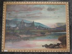 An oil painting, mountainous river landscape, 55 x 75cm, framed