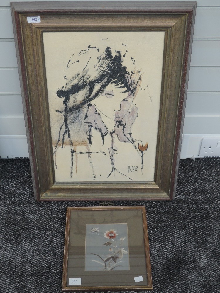 A silk picture, still life, 17 x 13cm, framed and glazed, and an oil painting, portrait study,