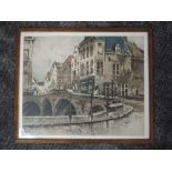 A print, A street in Flanders, 45 x 55cm, framed and glazed