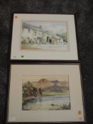 A watercolour, E B Greenhalgh, village cottage, signed, 25 x 35cm, framed and glazed, and a