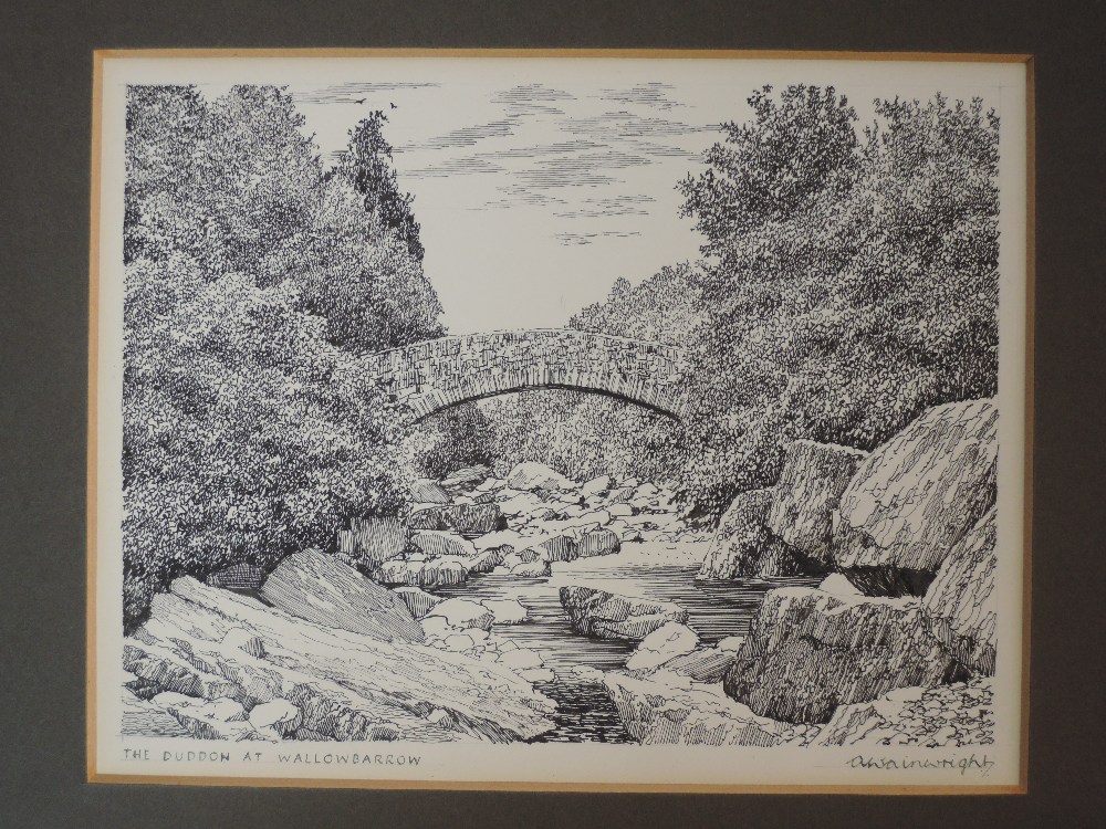 A pen and ink sketch, Alfred Wainwright, The Duddon at Wallbarrow, signed, 17 x 21cm