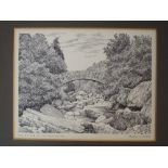 A pen and ink sketch, Alfred Wainwright, The Duddon at Wallbarrow, signed, 17 x 21cm