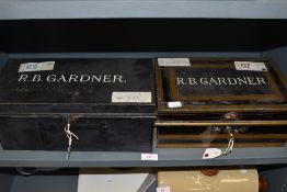 Two vintage metal lockable deed boxes both having R.B Gardner to lids.